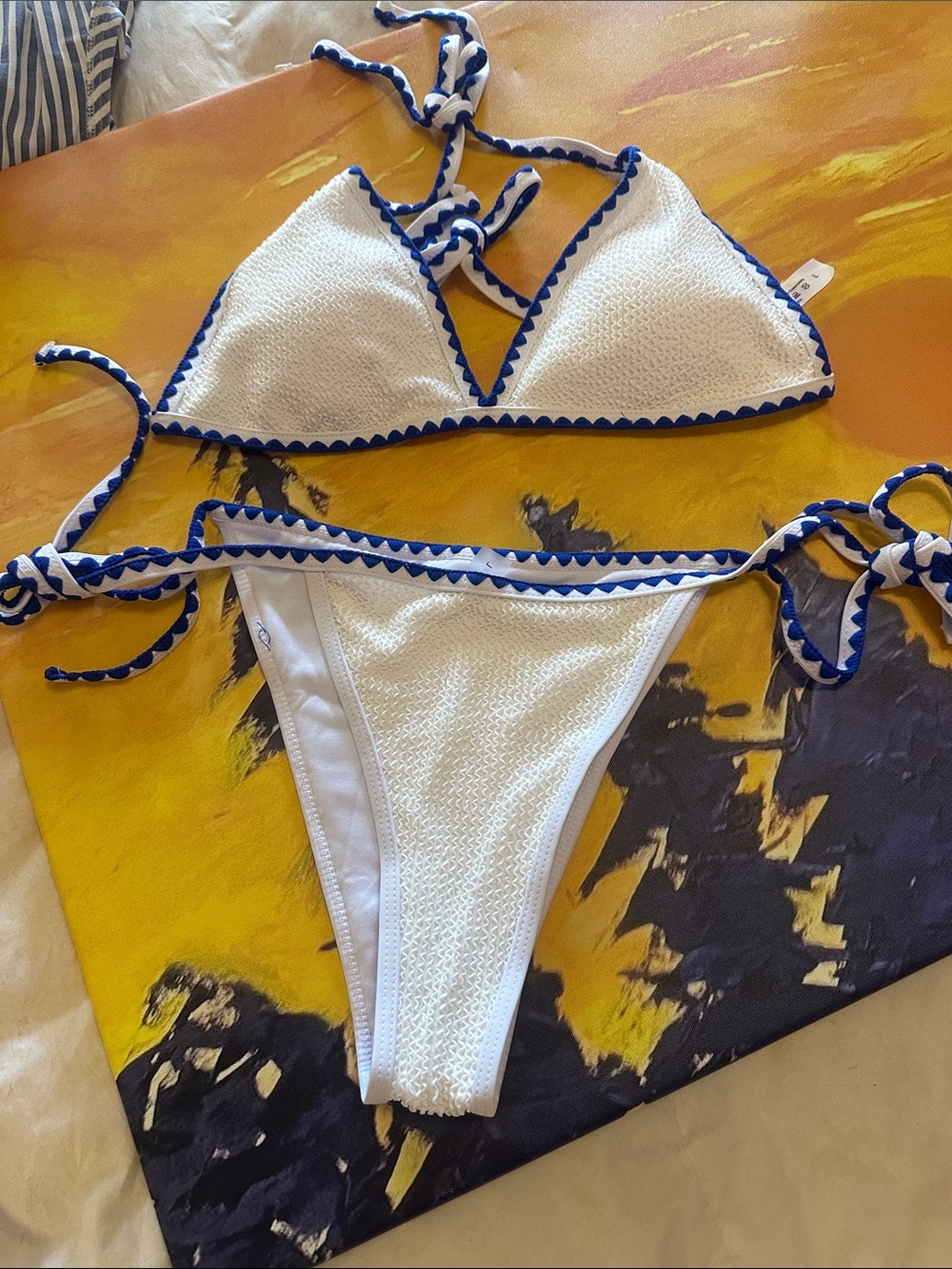 White Textured Bikini with Blue Trim NEVER BEEN WORN